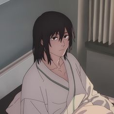 an anime character sitting in bed with his eyes closed