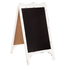 a white chalkboard sign with a brown board on the top and bottom corner, standing upright