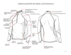 men's quarter zip base layer details on the front and back of a white shirt