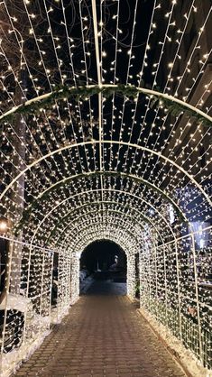 a walkway covered in christmas lights at night