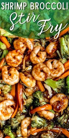 shrimp and broccoli stir fry with text overlay