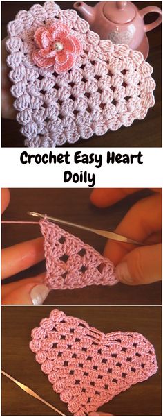 crochet easy heart doily is shown in three different pictures