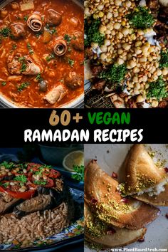 60+ Vegan Ramadan Recipes on www.PlantBasedArab.com. Cover photo with 4 recipe examples: (1) Tomato Vermicelli Soup, (2) Eggplant Fatteh, (3) Makloubeh, (4) Atayef. Prep Ahead Meals, Recipes For Iftar, Shareable Appetizers, Cultural Recipes, Ramadan Recipes Iftar, Eid Recipes, Ramadan Food, Ramadan Desserts, Eid Food