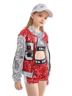 PRICES MAY VARY. The package comes with: a jacket +tank top+shorts+socks. The size runs small, we recommend choosing a size up! Please refer to the size chart before purchase to ensure a good fit. Fabulous details - smooth silver metallic fabric on collar, hem, and cuffs complement the red sequin suit. Shimmer and shine on stage - our easy-care polyester and spandex sequin dance costume is designed to enhance your performance Perfect for any occasion - ideal for team activities, street dance clu Sequin Dance Costume, Jazz Dance Dress, Modern Dancing, Modern Ballroom, Dancing Outfits, Sequin Costume, Sequin Suit, Baby Costumes Girl, Ballroom Costumes