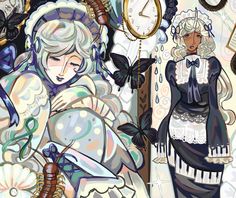 a painting of two women with clocks and butterflies on the wall in the back ground