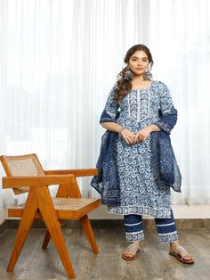 Indigo Bagru Block Printed Chanderi & Cotton Straight Kurta Set (Set of 3) by Pheeta now available at Trendroots Cotton Anarkali Set With Floral Print For Diwali, Cotton Floral Print Dupatta For Diwali, Diwali Cotton Anarkali Set With Floral Print, Indigo Printed Straight Kurta Set, Unstitched Floral Cotton Anarkali Set, Unstitched Cotton Anarkali Set With Floral Print, Bohemian Indigo Straight Kurta Set, Indigo Block Print Sets For Diwali, Cotton Anarkali With Floral Print