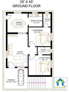 the ground plan for a house with 3 bedroom and 2 bathrooms in each floor area