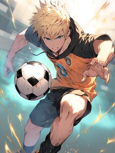 a young man kicking a soccer ball on top of a field with fire behind him