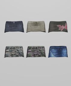 five pairs of shorts with flowers on the front and back, all in different colors