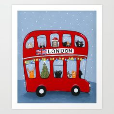 a red double decker bus with cats on the top and london written in white letters