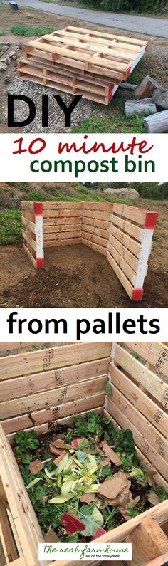 some wooden pallets that have been made into a compost bin with the words diy 10 minute compost bin from pallets