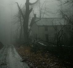 an old house in the fog on a country road with trees and leaves around it