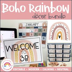 the boho rainbow decal bundle is shown in pink and white with text that reads welcome to 3b