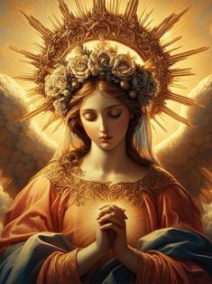 an angel with flowers on her head and halo around it's neck, holding the cross