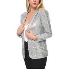 Introducing the Anna-Kaci Women's Long Sleeve Sparkle Sequin Two Button Blazer Jacket ‚Äö√Ñ√∂‚àö√ë‚àö¬® a radiant and stylish choice that effortlessly combines glamour with sophistication. This dazzling blazer is adorned with sequins, providing a sparkling touch that sets it apart from the ordinary. The classic two-button design adds a timeless element to the jacket, making it a versatile piece for both special occasions and elevating your everyday ensemble. Step into the spotlight, exude confid Party Blazer With Double Button Closure, Spring Party Blazer Button-up, Spring Party Blazer, Spring Night Out Blazer With Buttons, Long Sleeve Outerwear With Button Closure For Night Out, Spring Party Button-up Blazer, Winter Party Blazer With Pockets, Trendy Single Breasted Party Blazer, Trendy Single-breasted Outerwear For Party