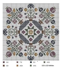 a cross stitch pattern with flowers and leaves in the center, on a white background