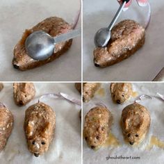 the process of making meatballs is being made by using a spoon to mix them together