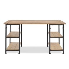 a wooden desk with metal legs and shelves on the bottom, against a white background