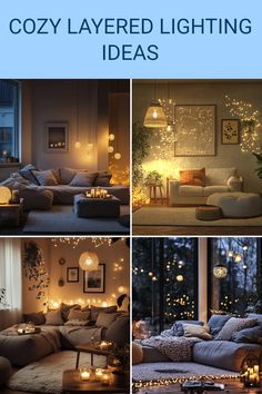 Explore cozy layered lighting solutions for your space. The pin showcases 4 images with different lighting setups that create warmth and ambiance in living areas.