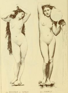 two nude women standing next to each other in front of a white background, one with long hair and the other without