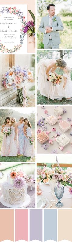 a collage of photos with flowers, cake and other things in the color scheme