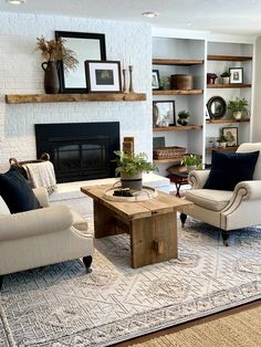 a living room filled with furniture and a fire place in the middle of a room