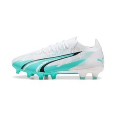 the puma ev fg soccer shoe in white and blue with black detailing on the sole