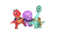 three cartoon dinosaurs standing next to each other