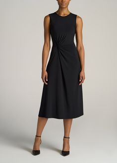 American-Tall-Women-Sleeveless-Knot-Front-Dress-Black-front Clothes For Tall Women, Tall Women Dresses, Knot Front Dress, Jeans For Tall Women, Scrubs Dress, Front Knot Dress, Women In Black, Clothing For Tall Women, Tall Men