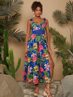 Navy Blue Boho Collar Sleeveless Woven Fabric Tropical,Plants,All Over Print Cami Embellished Non-Stretch  Women Clothing Long Beach Dress, Square Neck Dress, Elegant Dresses Long, Women Midi, Women Long Dresses, Tropical Plants, Womens Midi Dresses, Women Lace, Beach Dress