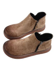 Retro Suede Round Head comfortable Boots — Obiono Comfortable Brown Closed Toe Boots, Comfortable Round Toe Booties For Fall, Comfortable Round Toe Boots For Fall, Comfortable Closed Toe Boots For Fall, Casual Martin Boots With Flat Heel, Casual Suede Booties With Round Toe, Comfortable Beige Round Toe Boots, Short Suede Boots, 자수 디자인