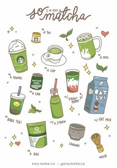 an illustrated poster with different types of drinks and the words i love you so much