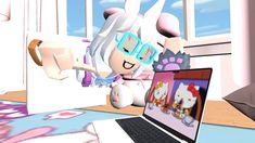 a cartoon character is playing on a laptop computer in the living room with her stuffed animal friend