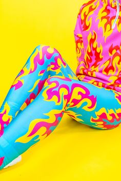 Flame Leggings in Blue, Pink & Yellow The hottest leggings ever!! The best-selling colourway of the Flame print is now available as super comfy stretchy leggings! They're made from high elastane lycra which gives them a sheen and makes them super stretchy for the perfect fit. As with all my prints, it's designed by me so you won't find these leggings anywhere else!  It's all in the details: -high-waisted leggings for a comfy fit -made from supersoft high-shine spandex -durable design -full lengt Neon Carnival, Colorful Wardrobe, Fantasy Fest, Hot Leggings, Cartoon Boy, Stretchy Leggings, Womens Leggings, Cotton Leggings, The Flame