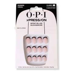 xPRESS/On Business Casual Press On Nails -  Show 'em who's boss with OPI's xPRESS/On Business Casual Press On Nails.    Benefits     14 days of seriously head-turning wear Reusable press-on nails so you can press again and again and again Sustainability on point! Tips and packaging are made with up to 94% post consumer recycled materials. No animal derived ingredients.     Features     For your 9 to 5 or 5 to 9, Business Casual press-on nails feature a minimal black French tip that adds some edg Interview Nails, Nail Polish Gift Set, Black French Tip, Nail Polish Gift, Fall Nail Trends, Nail Effects, Vacation Nails, Black French, Press Ons