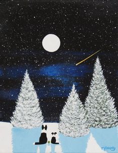 a painting of two dogs sitting in the snow under a full moon and shooting star