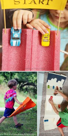 a collage of photos with cars and people in them, including a child's hand holding a toy car