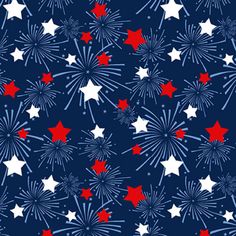 red, white and blue fireworks on a dark blue background with stars in the sky