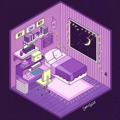 an illustration of a bedroom with purple walls