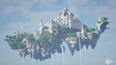 an island made out of trees and rocks with a castle on top in the sky