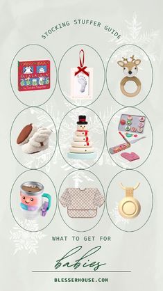 the christmas gift guide is displayed on a white background with snowflakes and other items