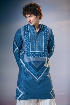 Blue full sleeves kurta with all over Geometric Gul bloom print. Paired with a satin salwar. - Aza Fashions Blue Straight Kurta With Digital Print, Blue Printed Straight Kurta, Blue Ikat Print Kurta For Festivals, Blue Digital Print Kurta For Eid, Blue Digital Print Straight Kurta, Blue Long Sleeve Kurta For Diwali, Festive Blue Ikat Print Kurta, Traditional Blue Top For Eid, Long Sleeve Blue Tops For Eid