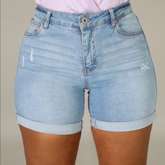 Women's High Waist Denim Shorts Women's Stretchy Denim Shorts Stretchy Fabric High Waistline Cuffed Hem Shorts Front Zipper Button Closure Destroyed Detail 98% Cotton 2% Spandex Hand Wash Cold Water Model Is Wearing Small Model Stats Height: 5.5" Bust:34" / Waist:27" / Hips:42" Trendy Medium Wash Bottoms With Rolled Hem, Mid-rise Denim Shorts With Rolled Hem, Casual High Waist Jean Shorts With Rolled Hem, Trendy Denim Bottoms With Rolled Hem, Light Wash Denim Bottoms With Rolled Hem, High-waisted Denim Shorts With Rolled Hem, Denim High-waisted Shorts With Rolled Hem, Trendy Mid-rise Shorts With Rolled Hem, Casual Denim Shorts With Rolled Hem