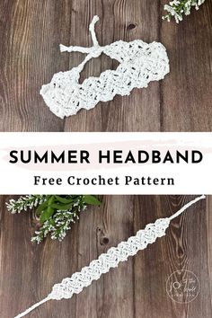 the crochet headband is made with white yarn and has flowers on it