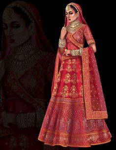 a woman in a red and gold bridal gown standing next to a black background