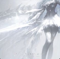 a woman with white hair and wings is standing in the snow