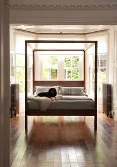 a dog laying on top of a bed in a bedroom