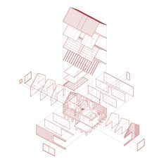 an architectural drawing of a house with red lines on the walls and floor, as well as furniture