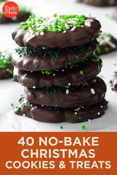 chocolate christmas cookies with sprinkles on top and the title overlay reads, 40 no - bake christmas cookies & treats