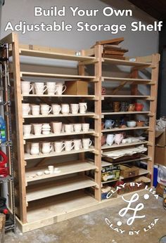 the shelves are full of cups and other items in this storage area with text overlay that reads build your own adjustable storage shelf